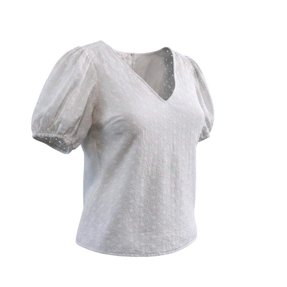 LC Lauren Conrad Eyelet Blouse Women Size L White Puff Sleeve V-Neck Cottagecore
